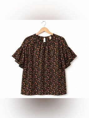LOFT Black Floral Flutter Sleeve Blouse Keyhole Top Orange Large Sheer Boho